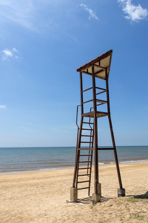 Life guard watch tower at the beach with blue skyの写真素材