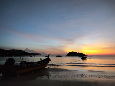 Breathtaking and scenic view of the beach during sunrise at Redang Island, Malaysiaの写真素材