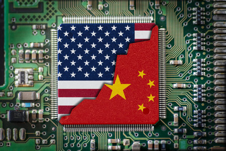 Flag USA and China on Computer Chip. Trade conflict concept for microchipの写真素材