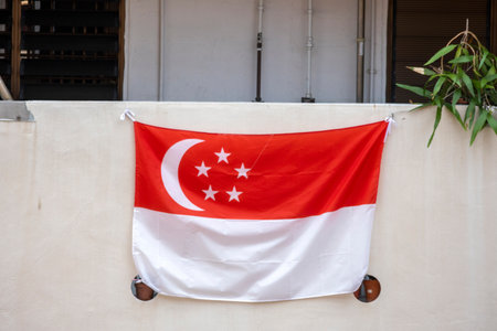 Singapore flags hang on the HDB housing flat to celebrate Singapore National Day.の写真素材