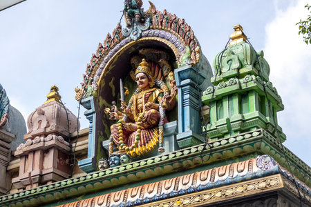 Beautiful and colourful Hindy mythology deities on the roof of Sri Veeramakaliamman Temple in the Little India area, Singaporeの写真素材