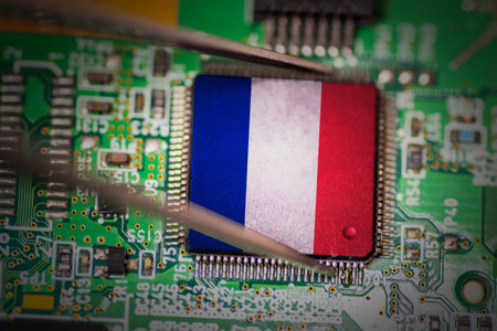 Semiconductor with a France flag on PCB board. France has a significant semiconductor industryの写真素材