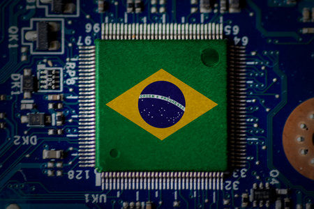 Brazil flags on semiconductor microchips. Brazil is actively working to develop its domestic semiconductor industryの写真素材