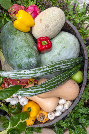 Assorted organic vegetables and fruits in a wooden basket. Melon, snake gourd, bell pepper, pumpkin and dragon fruitの写真素材
