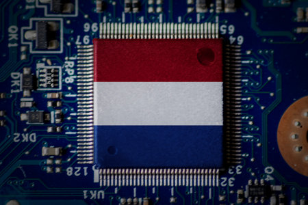 Netherlands flags on semiconductor microchips. The Netherlands plays a significant role in the...