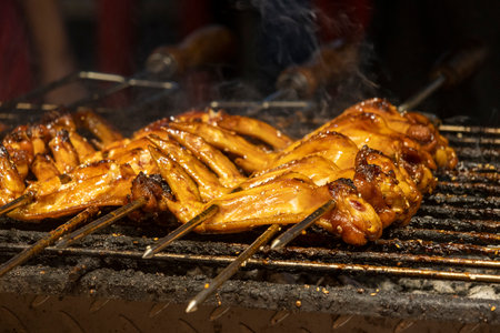 Barbeque chicken wing sold in the night marketの写真素材