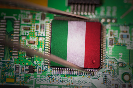 Processor, CPU or GPU microchip on a PCB. Pick up by a metal tweezer.