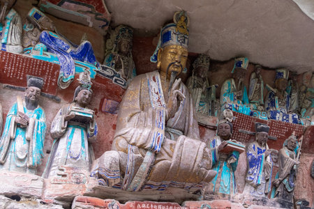 Magnificent rock carvings of Baoding Mountain at Dazu, China. Dazu rock carvings is a massive ancient Buddhsim stone carving was built in Song dynastyの写真素材