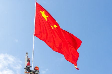 China flag with blue skyの写真素材