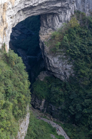 Heavenly Dragon Bridge at Wulong Karst Geological Park, Chongqing. With its vast arch and majestic appearance, offers spectacular view of the surrounding karst landscapeの写真素材