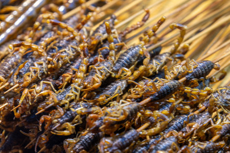 Edible scorpion insects sold on the street in China.  Ediable insects include various species of crickets, grasshoppers, locusts, mealworms and silkwormの写真素材