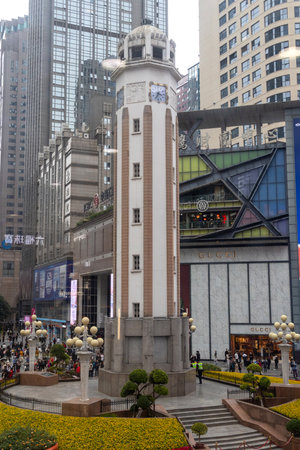 Chongqing, China-11 Nov 2025: View of Jiefangbei monument at Chongqing, China. Jiefangbei, originally known as the War Victory Monument is a symbol and an iconic building of this cityのeditorial素材
