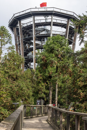 Wulong, China- 4 Nov 2025: Forest Eye at Fairy Mountain National Forest Park in Wulong Chongqing, China. It is a spiral-shaped attraction offering panoramic views of the surrounding area.のeditorial素材