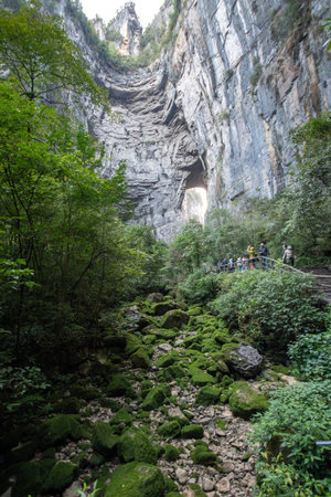 Wulong, China-4 Nov 2025: Heilong bridge or Black Dragon Bridge at Wulong Karst Geological Park, Chongqing.  probably the most magnificent, featuring a wide main entrance and deep cavernのeditorial素材