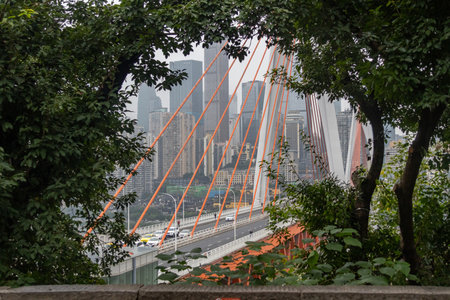 Dongshuimen Bridge in Chongqing, China. Dongshuimen Bridge is a modern and impressive structure that spans the Yangtze Riverの写真素材