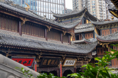 Chongqing, China- 2 Nov 2025: Beautiful architecture of Louhan temple in Chongqing, China. This ancient temple offers a stark and fascinating contrast to the surroundingのeditorial素材
