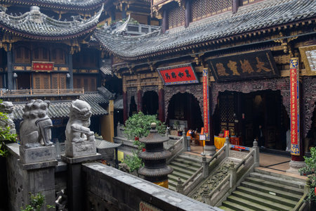 Chongqing, China- 2 Nov 2025: Grand hall of Louhan Temple in Chongqing, China.Built in the Northern Song Dynasty, it is a national key Buddhist temple with traditional architectureのeditorial素材