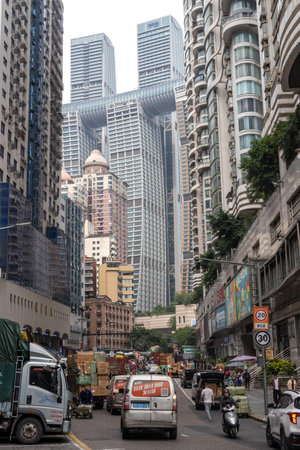 Chongqing, China- 11 Nov 2025: Beautiful street view of Chongqing city in China with Raffles city as background.のeditorial素材