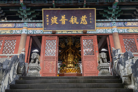 Chongqing, China- 11 Nov 2025: Beautiful architecture of Ciqikou Baolun Temple in Chongqing, China. It is a historic Buddhist temple known for its grand architecture and solemn Buddha statuesのeditorial素材