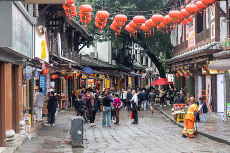 Chongqing, China- 11 Nov 2025: View of Ciqikou or Porcelain Port in Chongqing, China. It features ancient streets with Ming-Qing architecture, Baolun Temple, and a historic portのeditorial素材