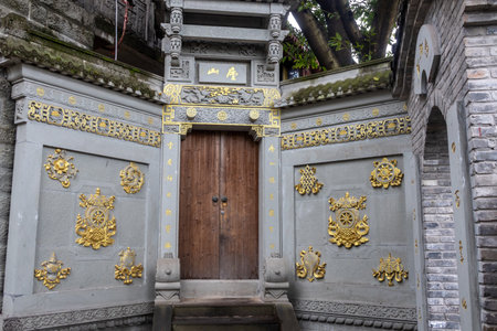 Chongqing, China- 11 Nov 2025: Beautiful architecture of Ciqikou Baolun Temple in Chongqing, China. It is a historic Buddhist temple known for its grand architecture and solemn Buddha statuesのeditorial素材
