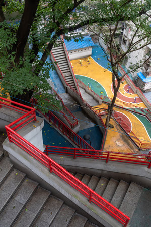 Chongqing, China- 11 Nov 2025: View of Linhua Road Residential Complex in Chongqing, China. It is the most authentic old Chongqing residential area,  famous for its complex and colourful pathwaysのeditorial素材