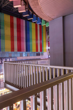 Chongqing, China- 10 Nov 2025: Illuminated by dazzling LED-neon sign, Deyi World in Chongqing, China. It is famous for its unique, multi-layered architecture and Cyberpunk City.のeditorial素材