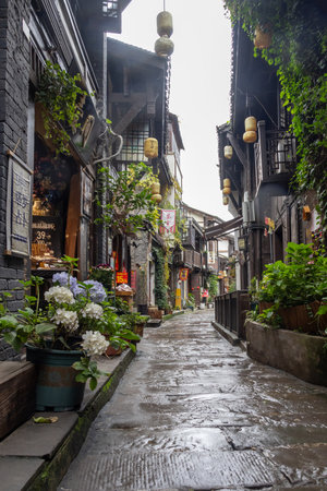 Chongqing, China- 11 Nov 2025: View of Ciqikou or Porcelain Port in Chongqing, China. It features ancient streets with Ming-Qing architecture, Baolun Temple, and a historic portのeditorial素材