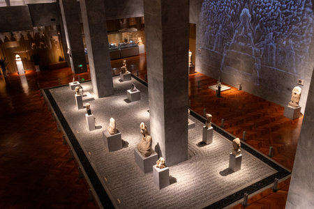 Dazu, China- 6 Nov 2025: Collection of ancient stone craved artwork inside Dazu Stone Carving Museum...
