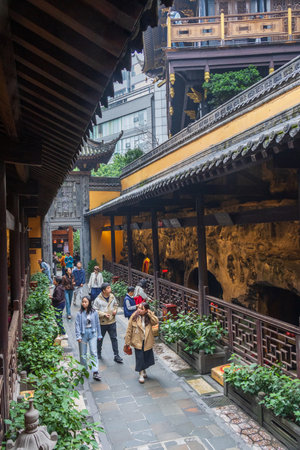 Chongqing, China- 11 Nov 2025: Beautiful architecture of Louhan temple in Chongqing, China. This ancient temple offers a stark and fascinating contrast to the surroundingのeditorial素材