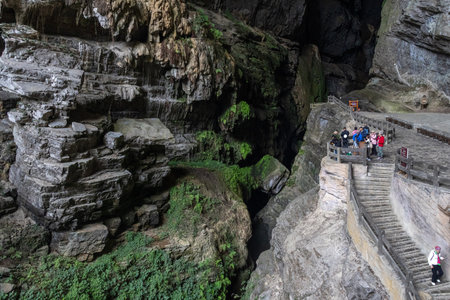 Wulong, China- 5 Nov 2025: Longshuixia Stitched Scenic Spot located at Wulong, China. Breathtaking landscapes. Its features include deep, precipitous gorges, pristine vegetation and cascading waterのeditorial素材