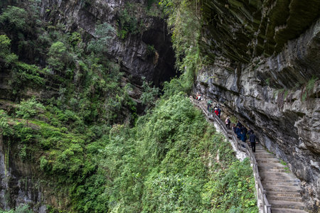 Wulong, China- 5 Nov 2025: Longshuixia Stitched Scenic Spot located at Wulong, China. Breathtaking landscapes. Its features include deep, precipitous gorges, pristine vegetation and cascading waterのeditorial素材