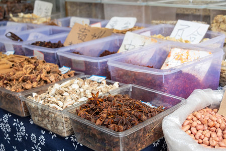 Chongqing, China- 7 Nov 2025: Various of spices sold on the market in Chongqing, China. Spices are widely used in Chongqing local food.のeditorial素材