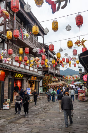 Chongqing, China- 11 Nov 2025: Tourists visit to Ciqikou in Chongqing, China. Ciqikou is a well-preserved ancient town famous for its Ming and Qing Dynasty architectural styleのeditorial素材