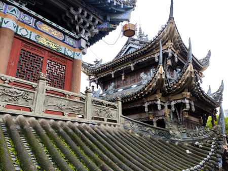 Chongqing, China- 11 Nov 2025: Beautiful architecture of Ciqikou Baolun Temple in Chongqing, China. It is a historic Buddhist temple known for its grand architecture and solemn Buddha statuesのeditorial素材