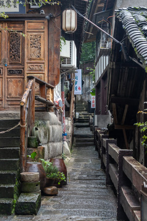 Chongqing, China- 11 Nov 2025: View of Ciqikou or Porcelain Port in Chongqing, China. It features ancient streets with Ming-Qing architecture, Baolun Temple, and a historic portのeditorial素材