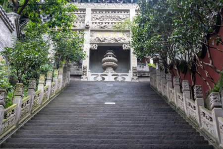 Chongqing, China- 11 Nov 2025: Beautiful architecture of Ciqikou Baolun Temple in Chongqing, China. It is a historic Buddhist temple known for its grand architecture and solemn Buddha statuesのeditorial素材