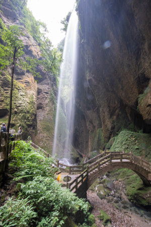 Wulong, China- 5 Nov 2025: Galaxy Waterfall in Longshuixia Stitched Scenic Spot located at Wulong, China. Breathtaking landscapes. It is one of the most spectacular water landscapes in the fissureのeditorial素材