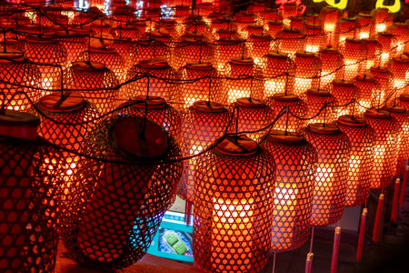 Chongqing, China- 10 Nov 2025: Red lanterns light up at  Shibati or Eighteen Steps in Chongqing,...