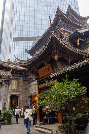 Chongqing, China- 11 Nov 2025: Beautiful architecture of Louhan temple in Chongqing, China. This ancient temple offers a stark and fascinating contrast to the surroundingのeditorial素材