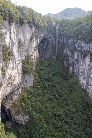 Three Natural Bridges at Wulong Karst Geological Park, Chongqing, China It is natural limestone arches situated in a deep canyon, carved by flowing water.の写真素材