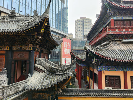 Chongqing, China- 11 Nov 2025: Beautiful architecture of Louhan temple in Chongqing, China. This ancient temple offers a stark and fascinating contrast to the surroundingのeditorial素材
