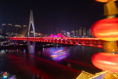 Chongqing, China- 2 Nov 2025: Stunning nightview of Qiansimen Bridge and Chongqing downtownt, China. Chongqing night view is incredible beautiful, breathtakingly dazzling, absolutely must seeのeditorial素材