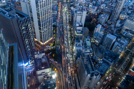 Tokyo, Japan- 16 Dec 2025: Aerial view of Shibuya downtown in Tokyo with high-rise towers clustering...