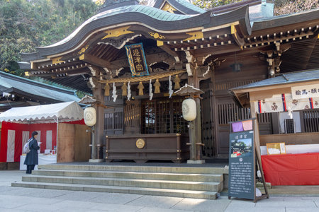Enoshima, Japan-17 Dec 2025: Hetsumiya shrine of Enoshima jinja temple. Enoshima Shrine is a renowned mountaintop complex featuring three ancient shrines, picturesque grounds, and panoramic views.のeditorial素材