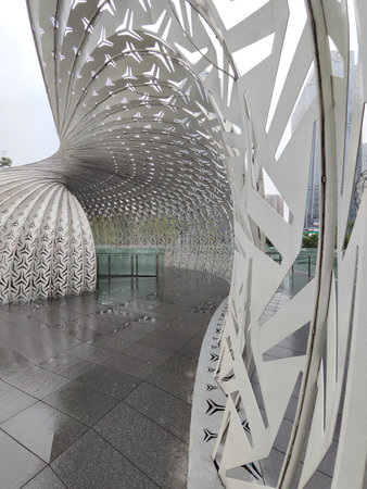 The Light and Shadow Nautilus art structure outside The Ring Shopping Mall in Chongqing, China. It...