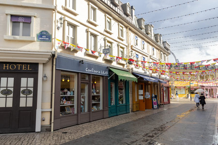 Fujiyoshida, Japan- 21 Dec 2025: French style village park with street shopping at the entrance of Fuji-Q Highland, Japan. Fuji-Q Highland is an amusement park. It offers a variety of extreme rides.のeditorial素材