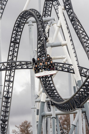 Fujiyoshida, Japan- 21 Dec 2025: Takabisha, a Gerstlauer Euro-Fighter steel roller coaster located at Fuji-Q Highland in Fujiyoshida, Japan.  It was the steepest coaster in the worldのeditorial素材
