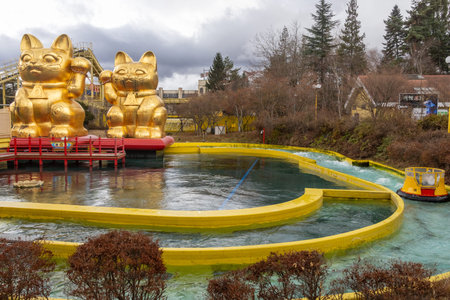 Fujiyoshida, Japan- 21 Dec 2025: Nagashimasuka, Shoot the Chute, at Fuji-Q Highland Park, Japan. A hoisting type rafting Attraction that goes down the torrent from 18 m above the ground.のeditorial素材
