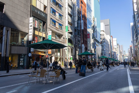 Tokyo, Japan-28 Dec 2025: Ginza main street, Chuo Dori, becomes a pedestrian-only zone on weekend...